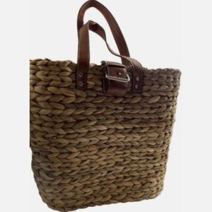 Brown Woven Tote backpack Bag with Leather Straps